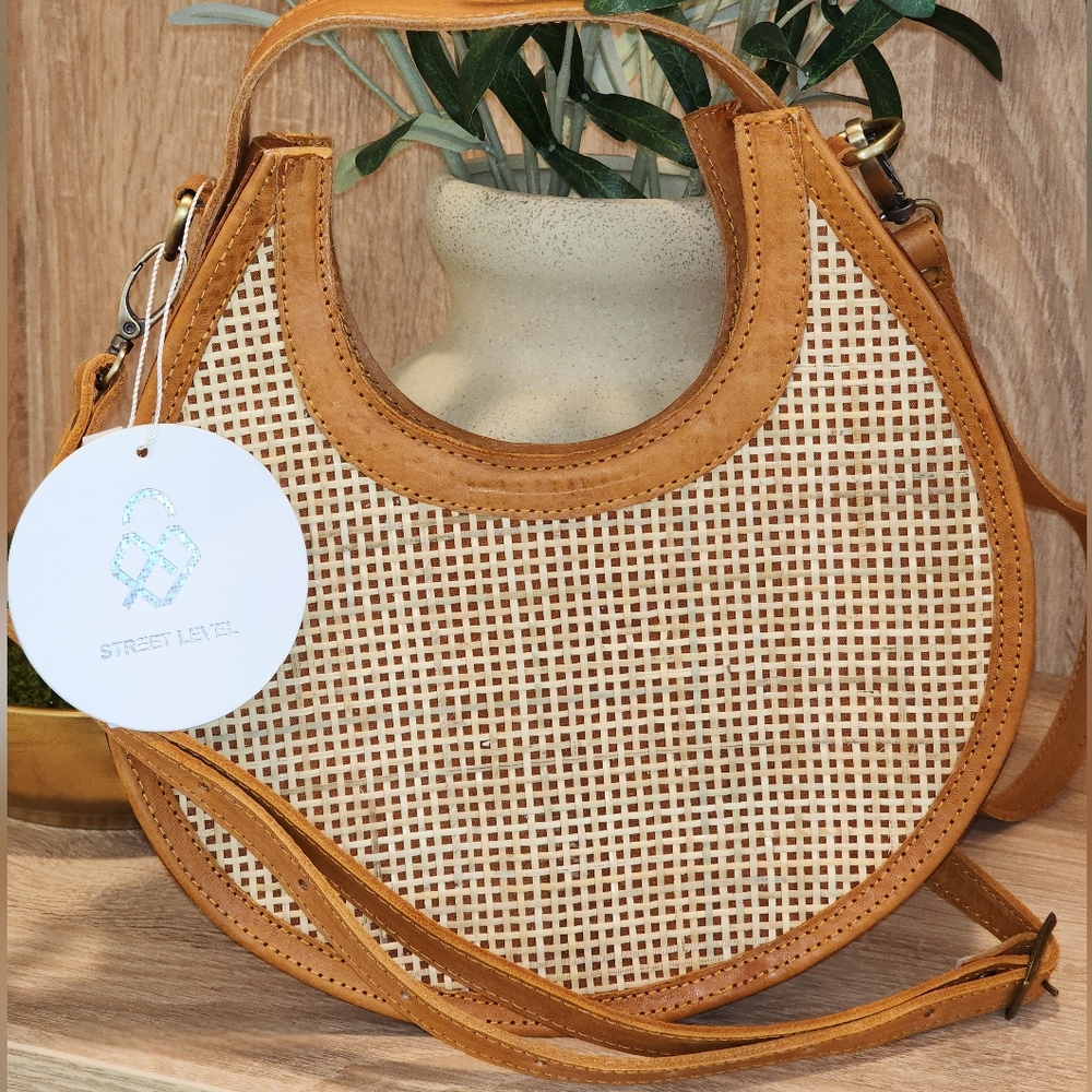 Street Level Ajeng Rattan Crossbody Brown Leather Handmade Woven Women's Bag - Picture 2 of 9